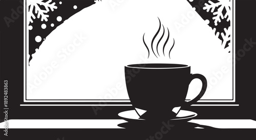 Steaming cup of coffee on a saucer by window