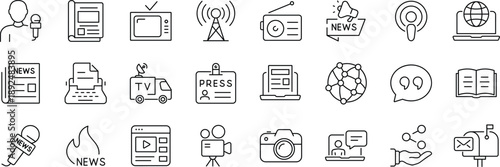 News media Web Icon Set in Line Style. Collection of Mass media Linear Icons, Including tv, radio, newspaper, magazine, news, broadcasting, press, interview, journalism and more.