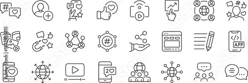 Social Media Web Icon Set in Line Style. Collection of social network Linear Icons ,Including Like, share, blog, comment, media, website, content, business marketing and more.