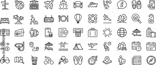 Travel and Tourism icon set with editable stroke. Travel and vacation thin line icon collection.