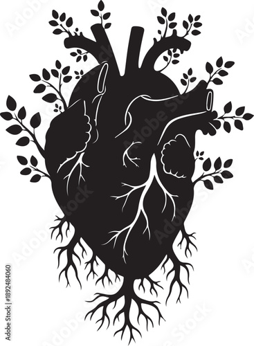Anatomical Heart with Roots and Leaves Growing Out