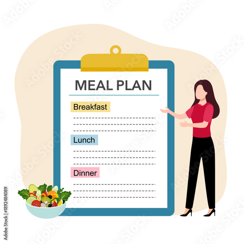 Meal plan on table of nutritionist near ingredients for preparing beneficial food and person hand with pencil. Human prepares meal plan for weight loss or low-calorie diet with healthy effect