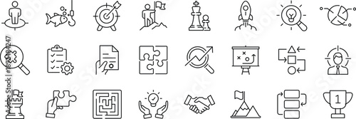 Business strategy set of web icons in line style. A collection of linear icon representing key business concepts, including market analysis, strategy, leadership, innovation, planning.
