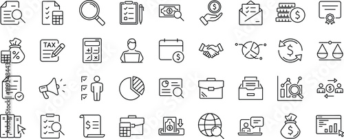 Accounting set of web icons in line style. Accounting and audit icons for web and mobile app. Containing finance report and audit, invoice, tax return, accounting, auditing, inspection