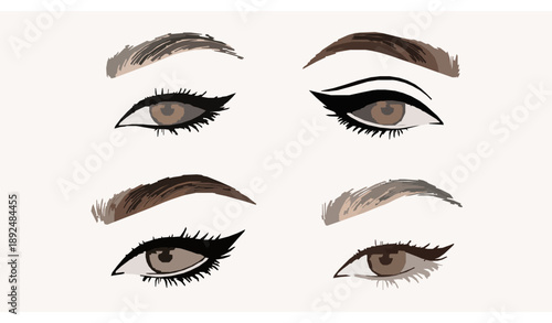 Beauty Eyes with Different Eyeliner and Eyebrow Styles Vector Set