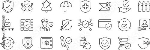 Protection Web Icon Set in Line Style. Collection of Security Linear Icons, Including defense, safe, safety and security, alarm, encryption, cybersecurity, locked, shield, guard, lock.