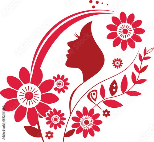 A radiant woman's profile adorned with blossoming red flowers and organic lines 