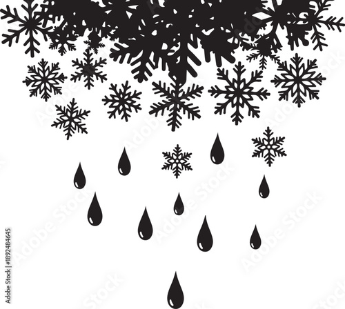 Snowflakes and raindrops falling from above on white background