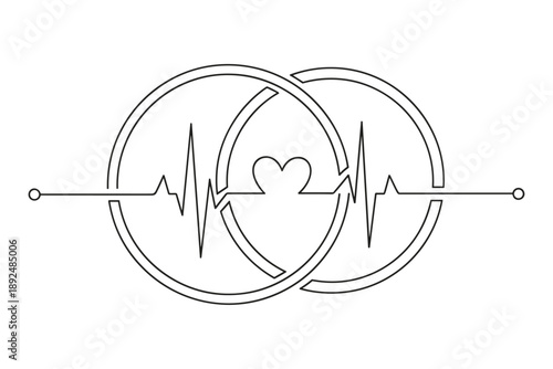 Minimalist continuous line drawing of interlocked wedding rings and a heartbeat forming a heart, symbolizing eternal love, commitment, and the profound, lifelong connection