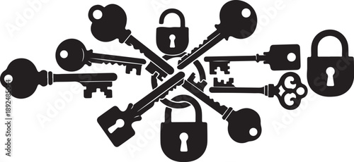 Collection of keys and locks in black silhouette style