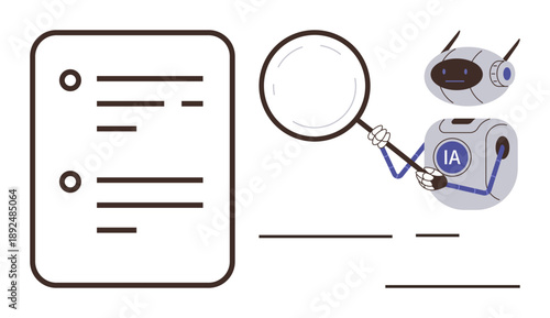 Robot labeled IA inspecting a document with a magnifying glass, emphasizing analysis, research. Ideal for AI, automation, data accuracy, document review, technology, innovation simple flat metaphor