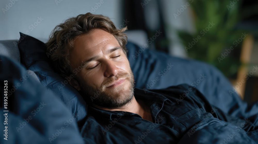 Obraz premium A man with a beard lies peacefully in bed, his expression conveying calmness and tranquility as he enjoys a restful moment in a comfortable, modern setting.