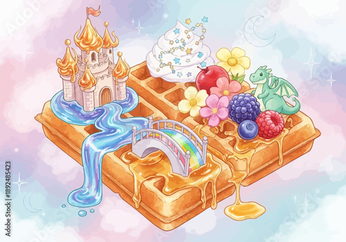 Waffle with fruit and castle on top.