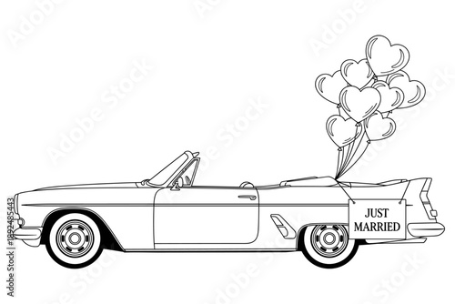 Line art illustration of a classic convertible car decorated with heart-shaped balloons and a 'Just Married' sign, symbolizing celebration and romance
