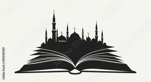 Islamic architecture silhouette on open book mosque skyline religious symbolism cultural heritage illustration