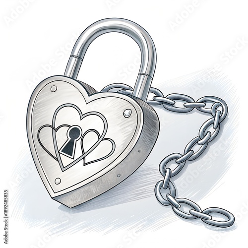 Silver Heart-Shaped Padlock with Chain and Keyhole Illustration Isolated on White Background, Love, Security and Commitment Concept.