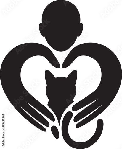 Loving Hands Caring for Cat in Heart Shape Silhouette Icon