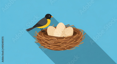 Bird standing next to nest with eggs on blue background symbolizing protection and care