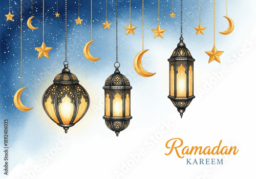 Elegant Ramadan Kareem watercolor illustration with hanging lanterns and starry sky