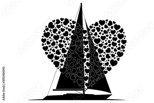 Romantic vector illustration of a sailboat, featuring a large heart-shaped sail filled with smaller hearts, symbolizing love, journey, and freedom on the open water