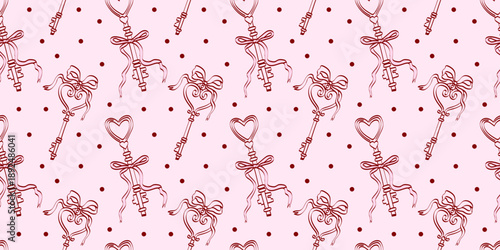 Patterns of keys and bows on a light pink background show a design for a fun theme party or event