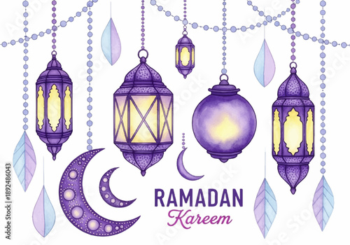 beautiful watercolor illustrations of lanterns and moon for ramadan kareem celebrations