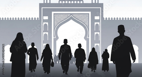 Silhouettes of people walking towards a large ornate middle eastern archway with intricate designs and a gray background