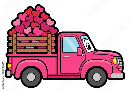 Pink Pickup Truck Filled With Heart Shapes, Delivering Love and Affection on Valentine's Day