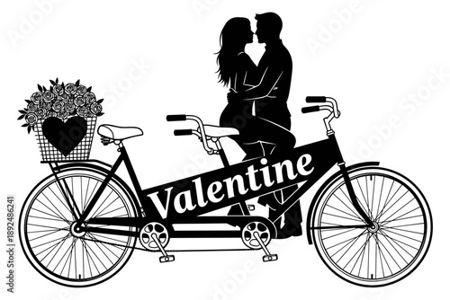 Elegant silhouette illustration of a romantic couple embracing on a tandem bicycle, symbolizing togetherness, shared love, and celebratory journeys, perfect for Valentine's Day themes