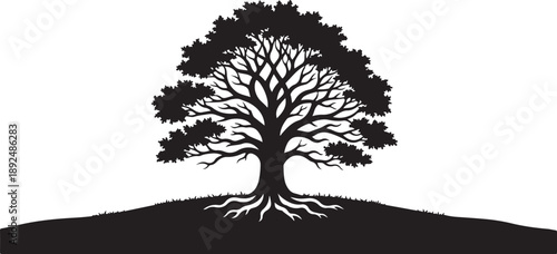 Black Silhouette of Tree on Hill with White Background