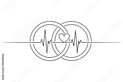 Continuous Line Drawing Symbolizing Eternal Love and Devotion with Intertwined Wedding Rings and a Heartbeat Pulse