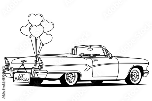 Elegant black and white line art of a vintage convertible car decorated for a wedding, featuring celebratory heart-shaped balloons and a 'Just Married' sign, symbolizing a joyous new journey