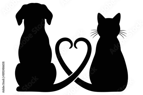 Silhouette of a dog and cat, tails forming a heart, symbolizing deep affection, companionship, and the loving bond between pets