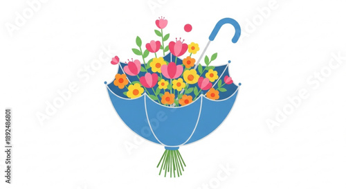 Vibrant flowers spill out of a blue umbrella on a white background symbolizing spring and joy