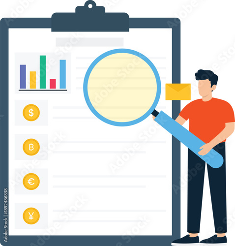 Male figure holding magnifying glass financial analysis business report data examination clipboard document currency symbols bar chart market research auditing process investment data flat design