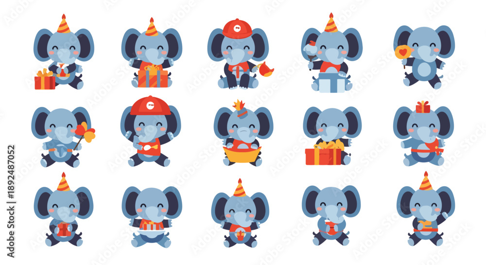 Fototapeta premium Set of Cute Baby Elephants in Party Hats
