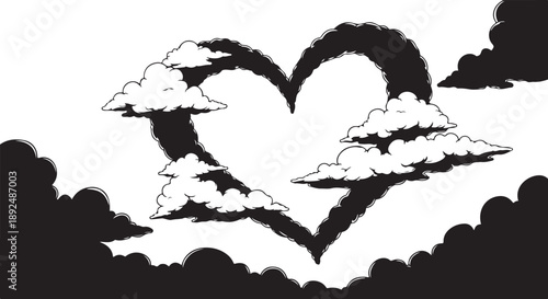 Heart shaped clouds in a black and white sky