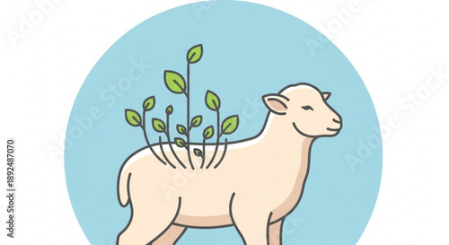 Sustainable agriculture concept with a sheep and green sprouts growing from its body on a blue background
