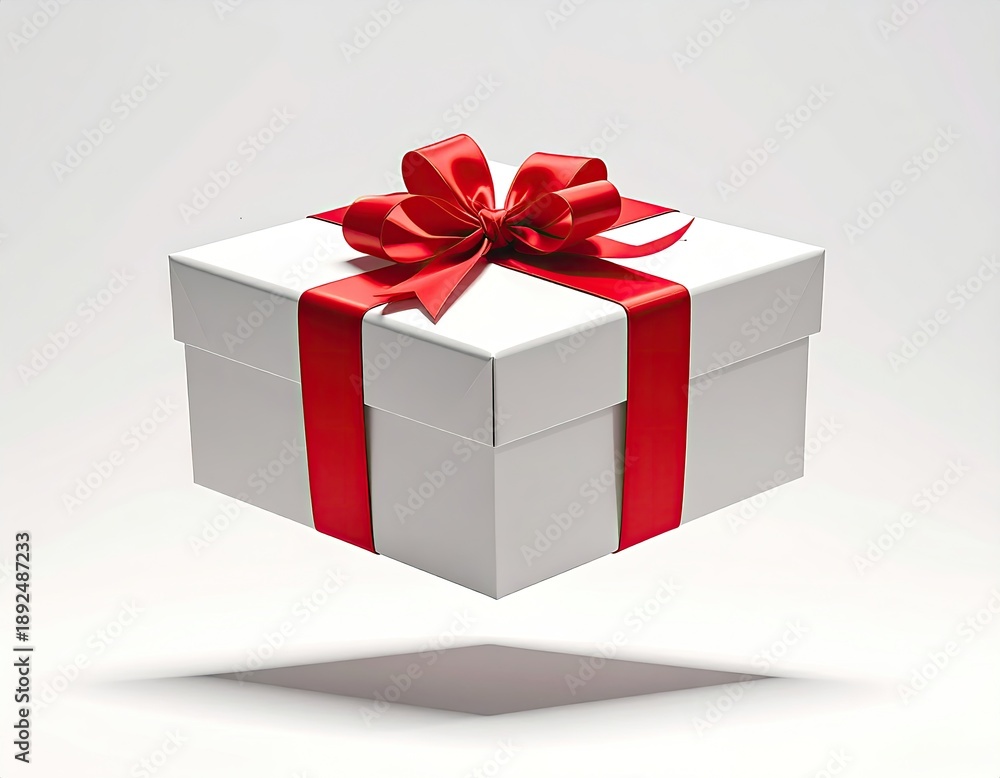 Obraz premium White box with red ribbon, floating with shadow