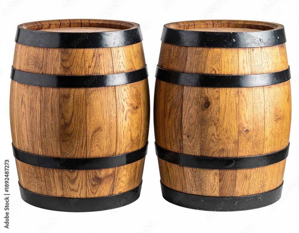 Obraz premium Two wooden barrels with black bands on a white backdrop (1)