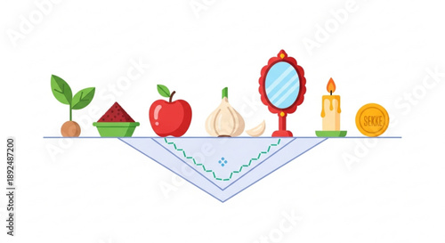 Still life with fruit mirror candle and decorative objects on table