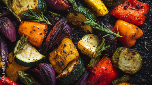 A vibrant assortment of roasted vegetables with herbs on a baking sheet