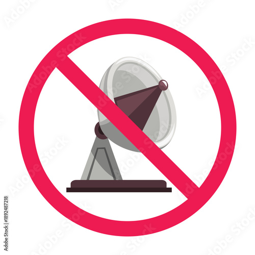 No airport radar sign, aviation radar prohibited symbol, forbidden radar antenna icon, no parabolic radar allowed sign, vector illustration
