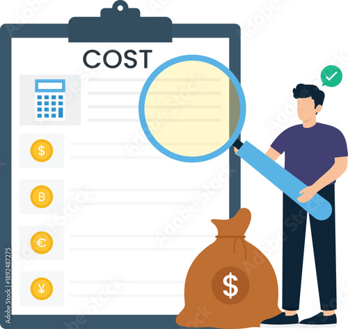 Man celebrating project success task completion approval checkmark giant pencil creative writing business achievement flat design vector graphic confetti falling happy person successful result