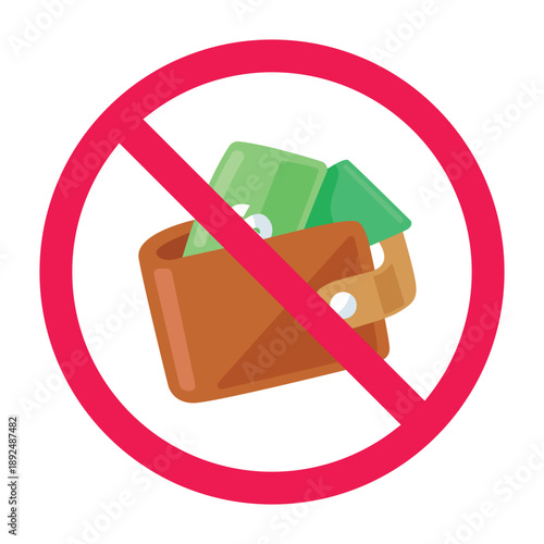 No money sign, wallet forbidden icon, no payment allowed sign, do not use cash symbol, vector illustration
