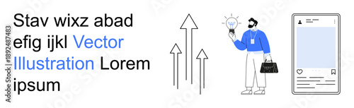 Business strategy, creative ideas, technology advancement, social media, innovation, career development. Person holding a lightbulb, a smartphone and growth arrows. Business strategy and creative