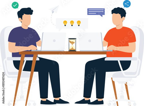 Two colleagues team collaboration business meeting creative brainstorming project discussion office workers time management new ideas flat design digital workspace successful partnership