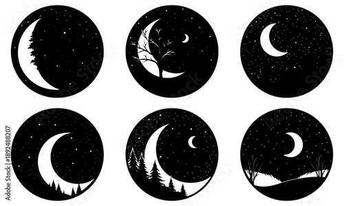 Crescent moon phases illustration set against night sky with trees and stars