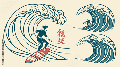 Vintage Japanese Style Surfing Illustration Dynamic Surfer Riding Giant Ocean Wave Woodcut Line Art For Extreme Water Sport And Summer Beach Design