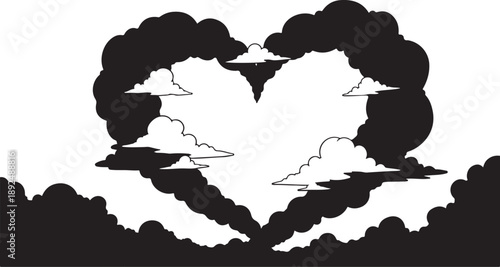 Heart shaped clouds in a black and white sky